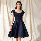 Edles Cocktailkleid in Dunkelblau mit Herz-Ausschnitt, Spitzen-Oberteil und A-Linie-Rock