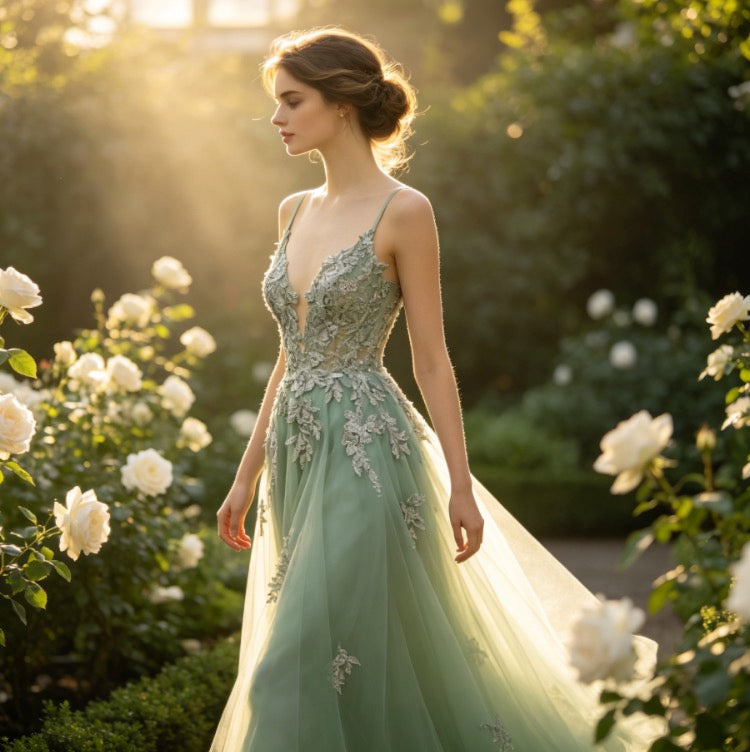 Elegantes Abendkleid in Salbeigrün mit glitzernder Spitze und tiefem V-Ausschnitt