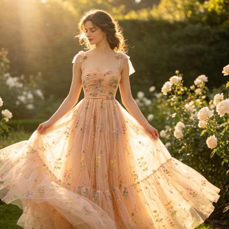 Romantisches Abendkleid in Apricot mit floraler Stickerei und Tüllstufen
