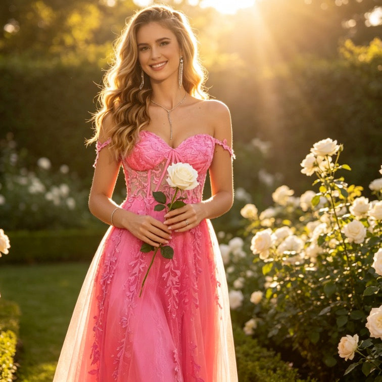 Glamouröses Abendkleid in leuchtendem Pink mit Off-Shoulder und 3D-Spitzenbesatz