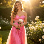 Glamouröses Abendkleid in leuchtendem Pink mit Off-Shoulder und 3D-Spitzenbesatz
