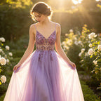Traumhaftes Abendkleid in Lavendel-Lila mit glitzernden Steinen und Tüllrock