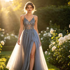 Luxuriöses Abendkleid in Graublau mit handbesetzten Kristallen und hohem Beinschlitz