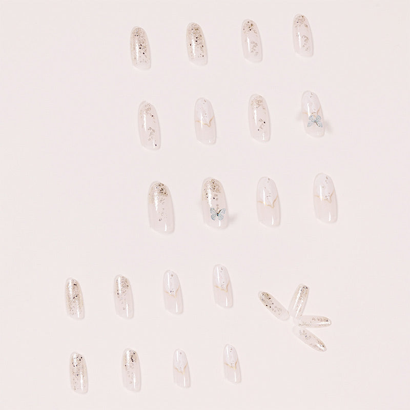 Almond Nägel in Hellgelb mit Schmetterlings-Design im Feenstil