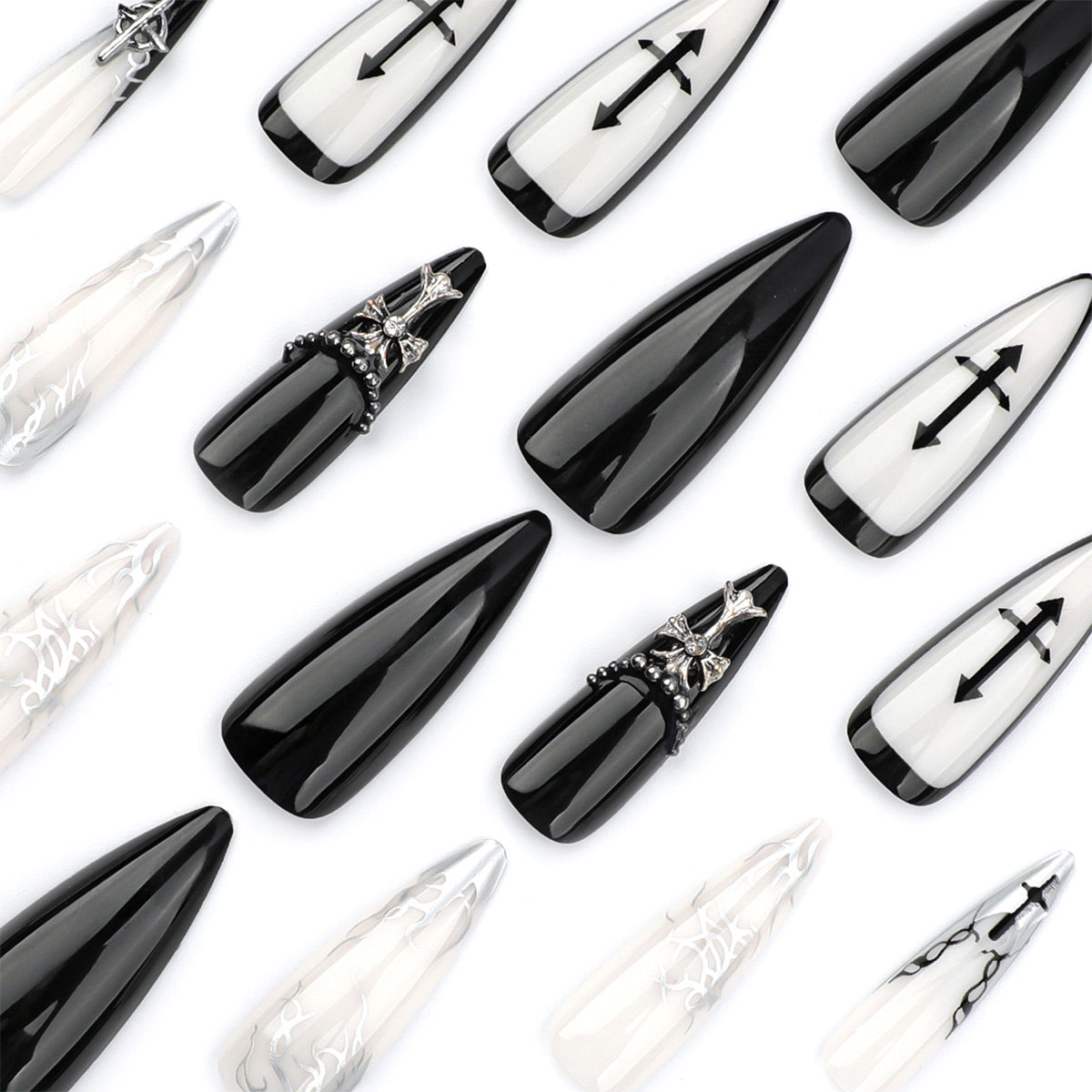 Ballerina Nägel im Cool-Dark Gothic Stil mit French und Kreuz