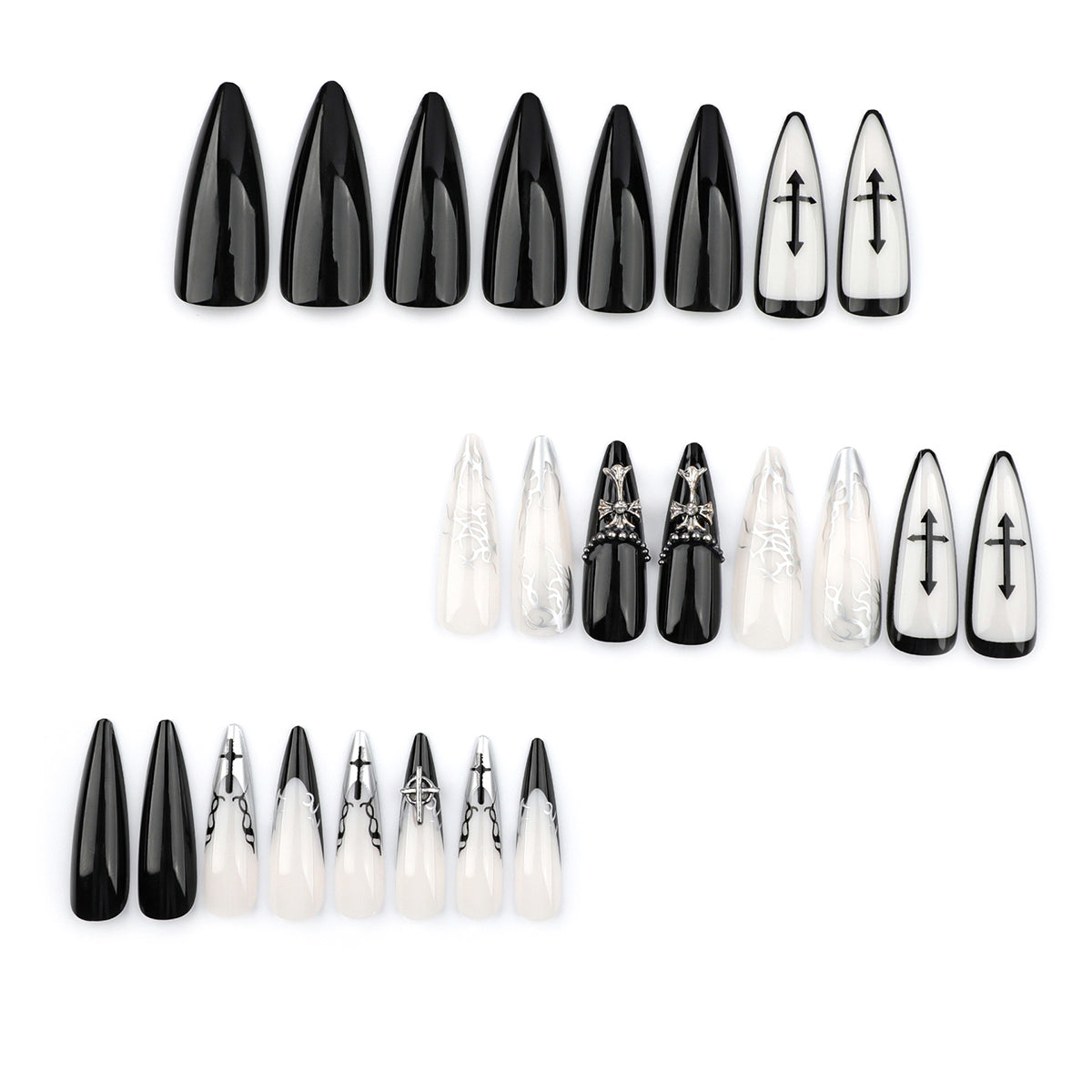 Ballerina Nägel im Cool-Dark Gothic Stil mit French und Kreuz