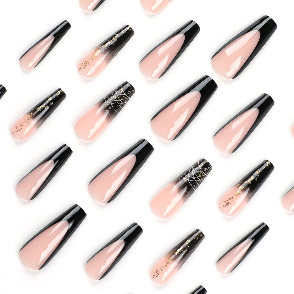 Ballerina Nägel in Nude mit Schwarzem French und Goldglitzer