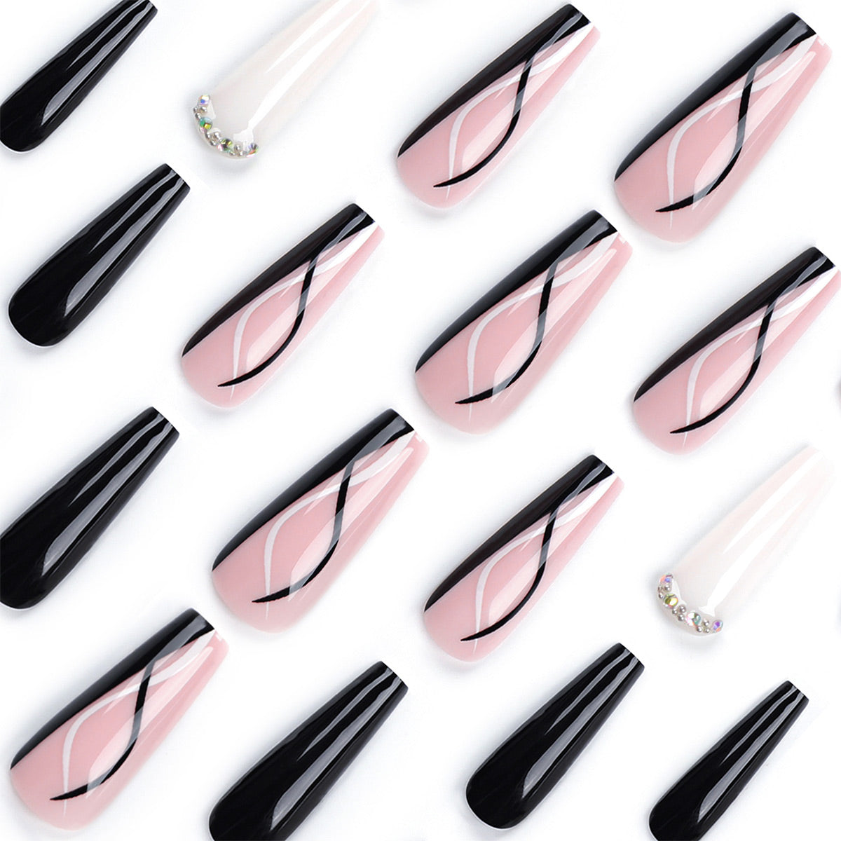 Ballerina Nägel in Schwarz-Weiß mit Linien und Strasssteinen