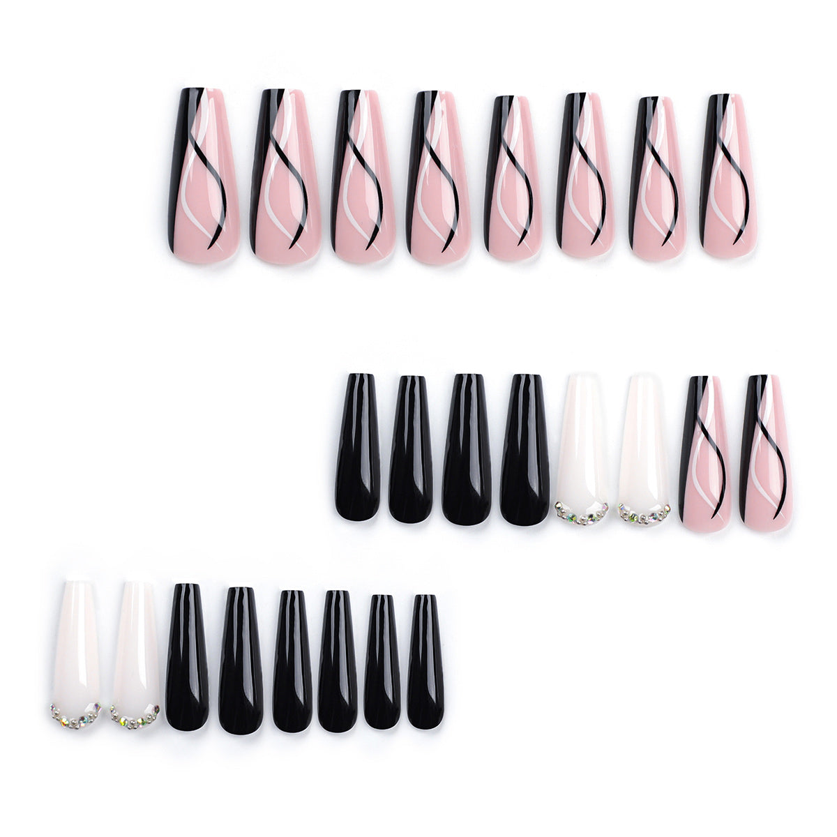Ballerina Nägel in Schwarz-Weiß mit Linien und Strasssteinen