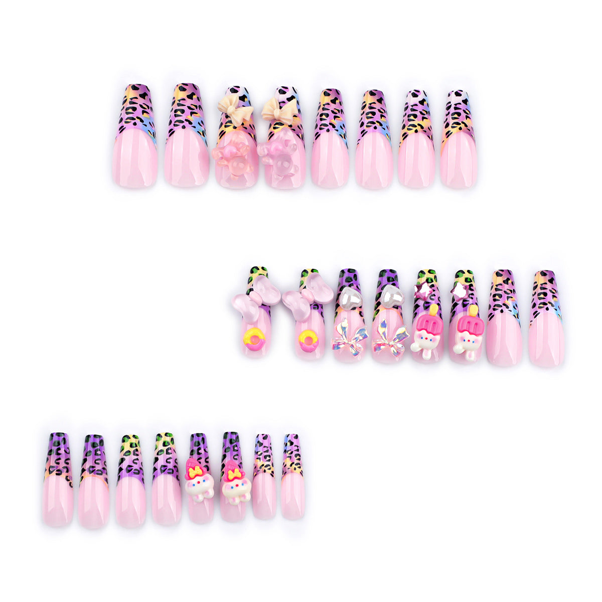 Ballerina Nägel mit Bunter French Leopard Optik und Süßen 3D Schleifen