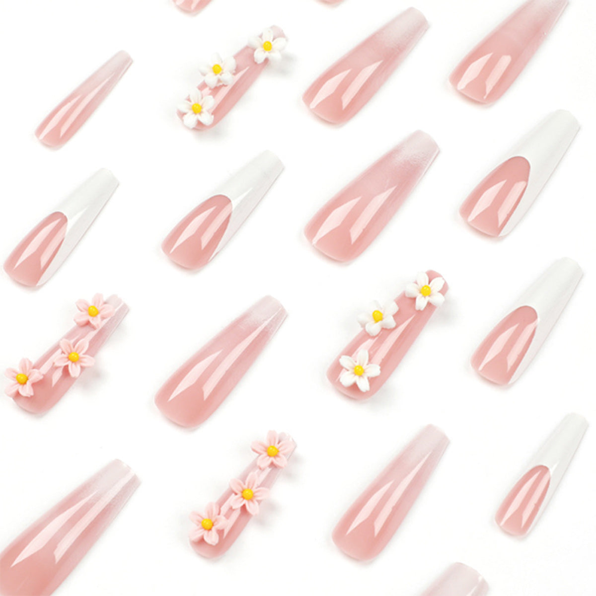 Ballerina Nägel mit Weißem French Ombre und 3D Blumen