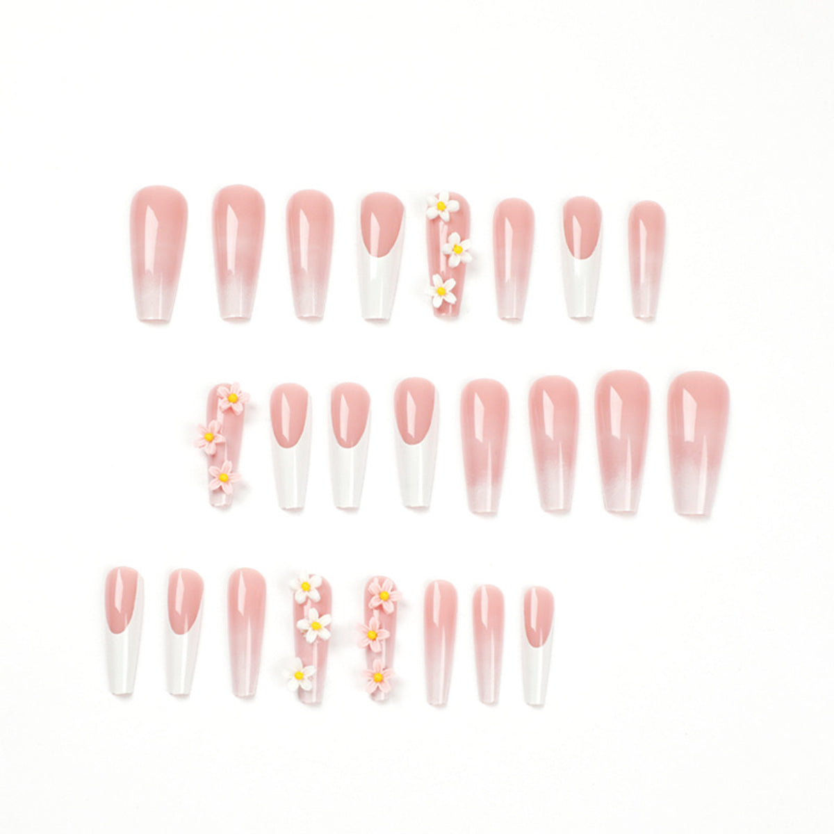 Ballerina Nägel mit Weißem French Ombre und 3D Blumen