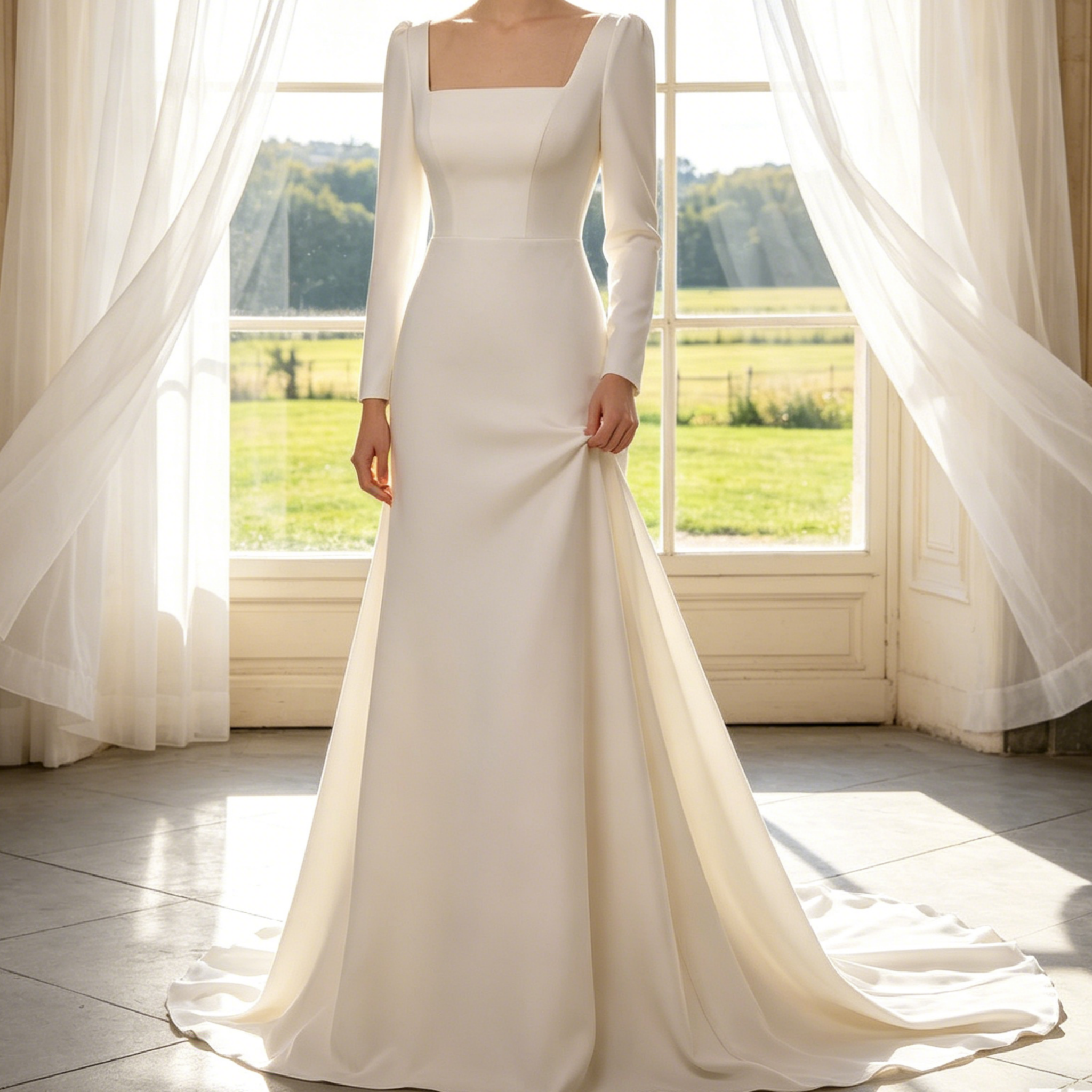 Exklusives Maxikleid in Elfenbein – Figurbetontes Modell mit modernem Karree-Ausschnitt, langen Ärmeln und Meerjungfrau-Silhouette