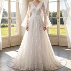 Elegantes Maxikleid in Elfenbein – A-Linien-Modell mit kunstvoller Spitze, V-Ausschnitt und langen Ärmeln