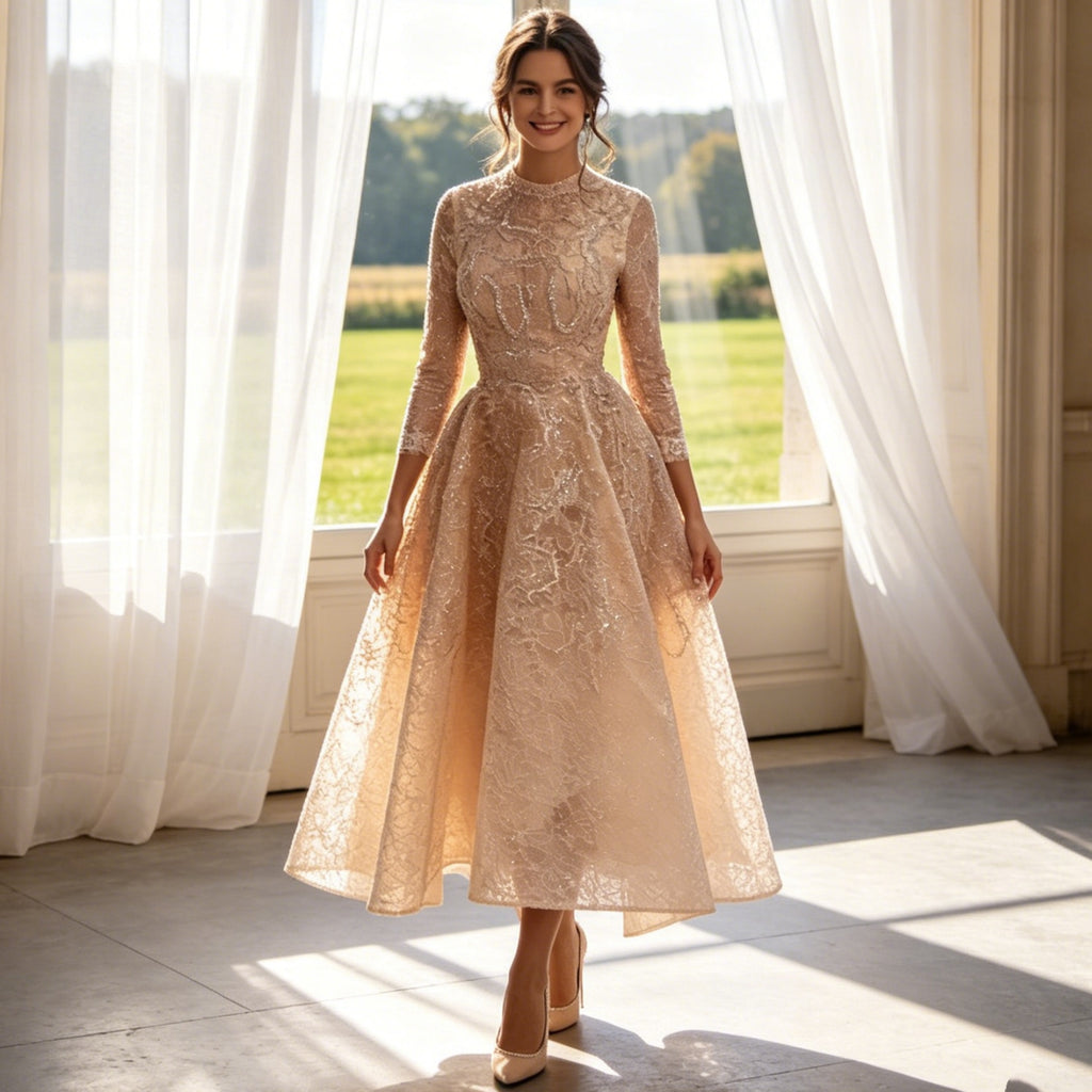 Besticktes Midikleid für Damen, Champagnerfarben, A-Linie mit Pailletten, Elegantes Abendkleid mit 3/4-Arm