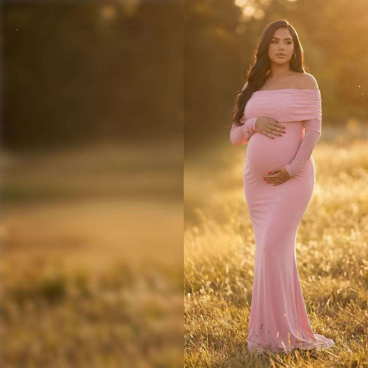 Elegantes Maxi-Kleid mit Langarm-Off-Shoulder-Design – Figurbetontes Fotoshooting-Kleid im Fischschwanz-Stil für stilvolle Fotografie