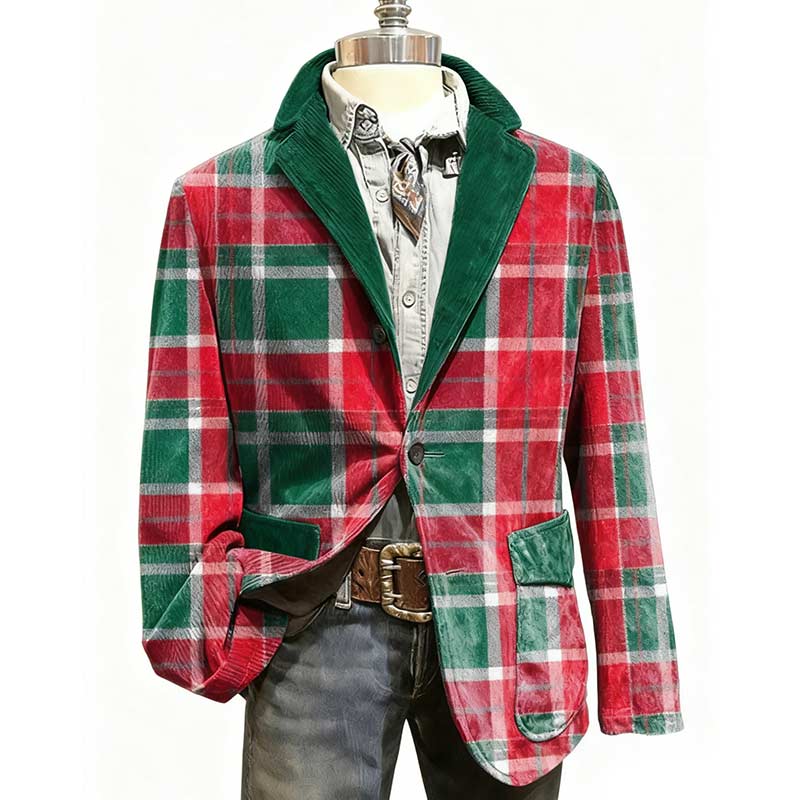 Herren Weihnachts Blazer Rot Grün kariert Retro Casual Festliche Anzugjacke Winter und Feiertagsoutfit