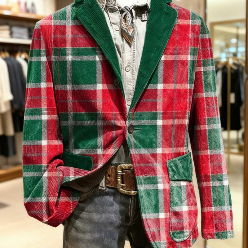 Herren Weihnachts Blazer Rot Grün kariert Retro Casual Festliche Anzugjacke Winter und Feiertagsoutfit