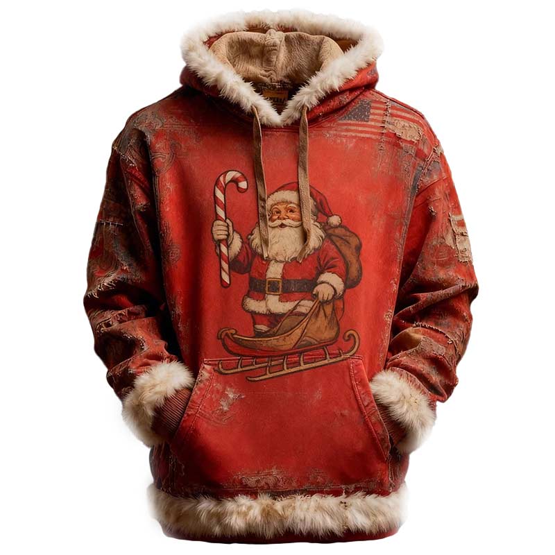 Herren Weihnachts Hoodie Rot Retro Santa Claus Print Warmer Winterpullover für Feiertage
