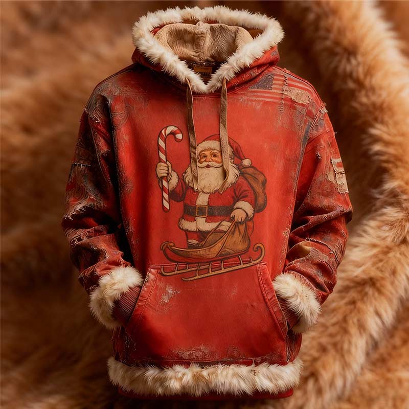Herren Weihnachts Hoodie Rot Retro Santa Claus Print Warmer Winterpullover für Feiertage