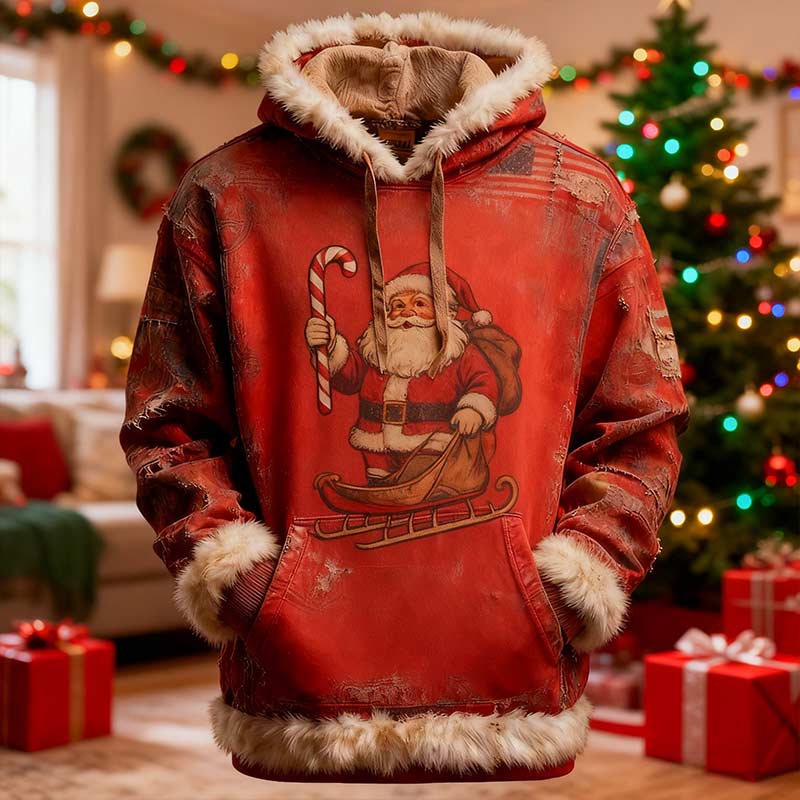 Herren Weihnachts Hoodie Rot Retro Santa Claus Print Warmer Winterpullover für Feiertage