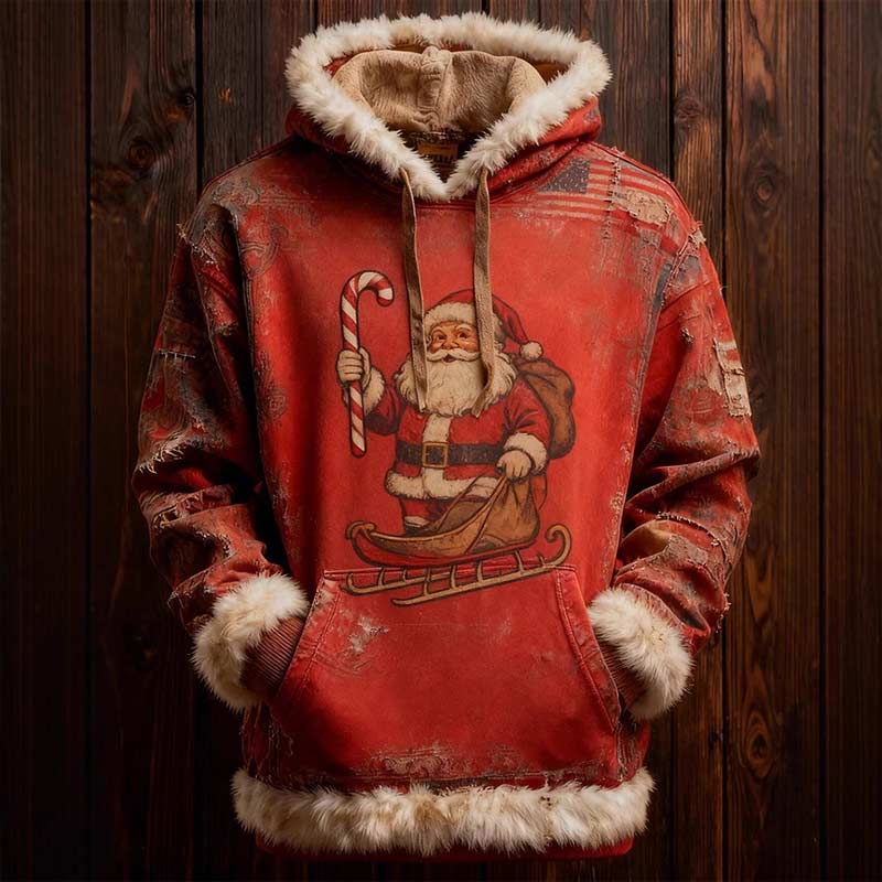 Herren Weihnachts Hoodie Rot Retro Santa Claus Print Warmer Winterpullover für Feiertage
