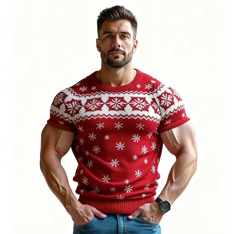Herren Weihnachts Pullover Rot Vintage Isländischer Jacquard Strick Kurzarm Warmer Feiertagspullover