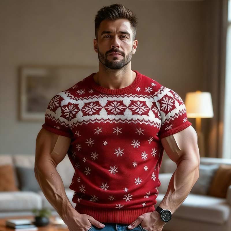 Herren Weihnachts Pullover Rot Vintage Isländischer Jacquard Strick Kurzarm Warmer Feiertagspullover