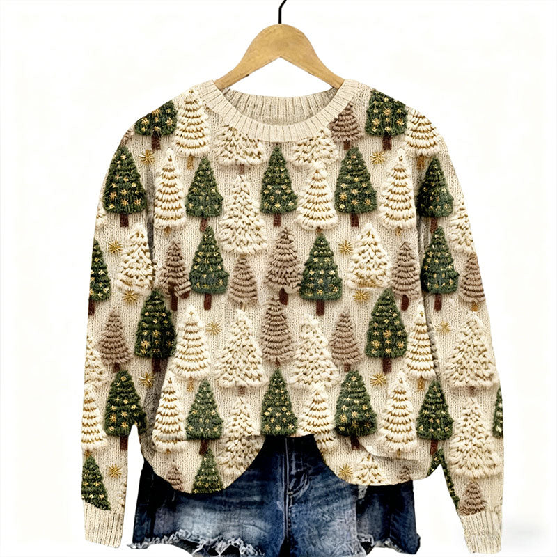 Herren Weihnachts-Pullover in Weiß – Wald- und Baum-Muster, Gemütlicher Strick, Winter- und Feiertagsshirt