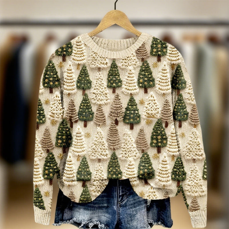 Herren Weihnachts-Pullover in Weiß – Wald- und Baum-Muster, Gemütlicher Strick, Winter- und Feiertagsshirt