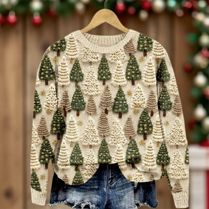 Herren Weihnachts-Pullover in Weiß – Wald- und Baum-Muster, Gemütlicher Strick, Winter- und Feiertagsshirt