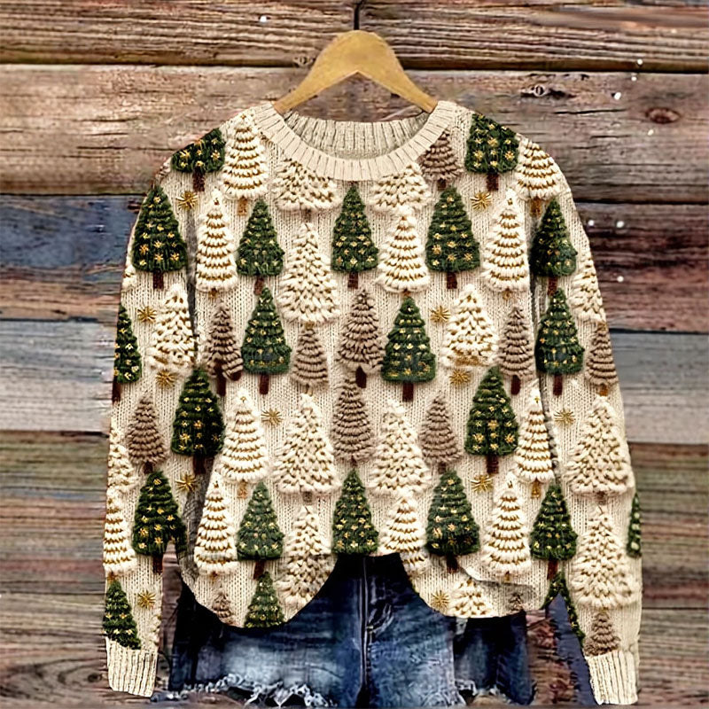 Herren Weihnachts-Pullover in Weiß – Wald- und Baum-Muster, Gemütlicher Strick, Winter- und Feiertagsshirt