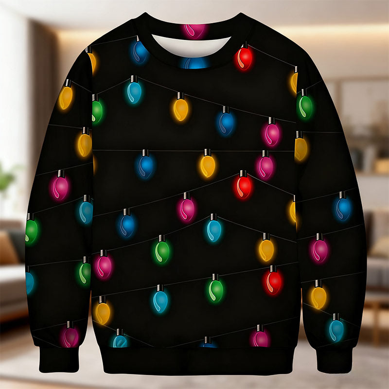 Herren Weihnachts Sweatshirt Schwarz Vintage Weihnachtslichter Inspiriert Kuscheliger Plüsch Winter Holiday Pullover