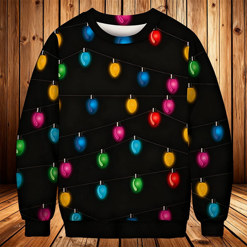 Herren Weihnachts Sweatshirt Schwarz Vintage Weihnachtslichter Inspiriert Kuscheliger Plüsch Winter Holiday Pullover