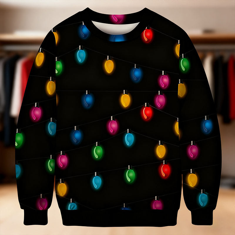 Herren Weihnachts Sweatshirt Schwarz Vintage Weihnachtslichter Inspiriert Kuscheliger Plüsch Winter Holiday Pullover