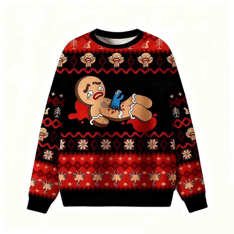 Herren Weihnachts Sweatshirt Rot Lustiger Lebkuchenmann Print Hässlicher Weihnachts Pullover