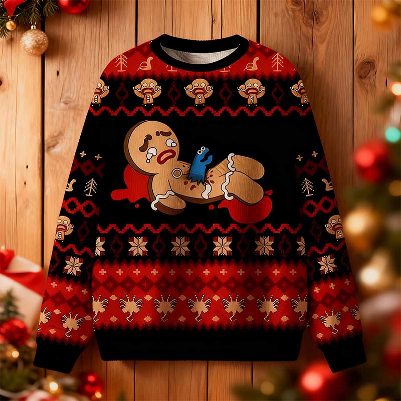 Herren Weihnachts Sweatshirt Rot Lustiger Lebkuchenmann Print Hässlicher Weihnachts Pullover