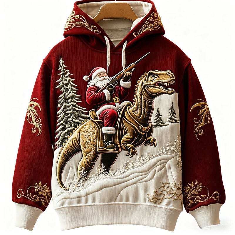 Herren Weihnachts Sweatshirt Rot Santa mit Gitarre und Flammenstickerei Lässiger Winter Feiertagspullover