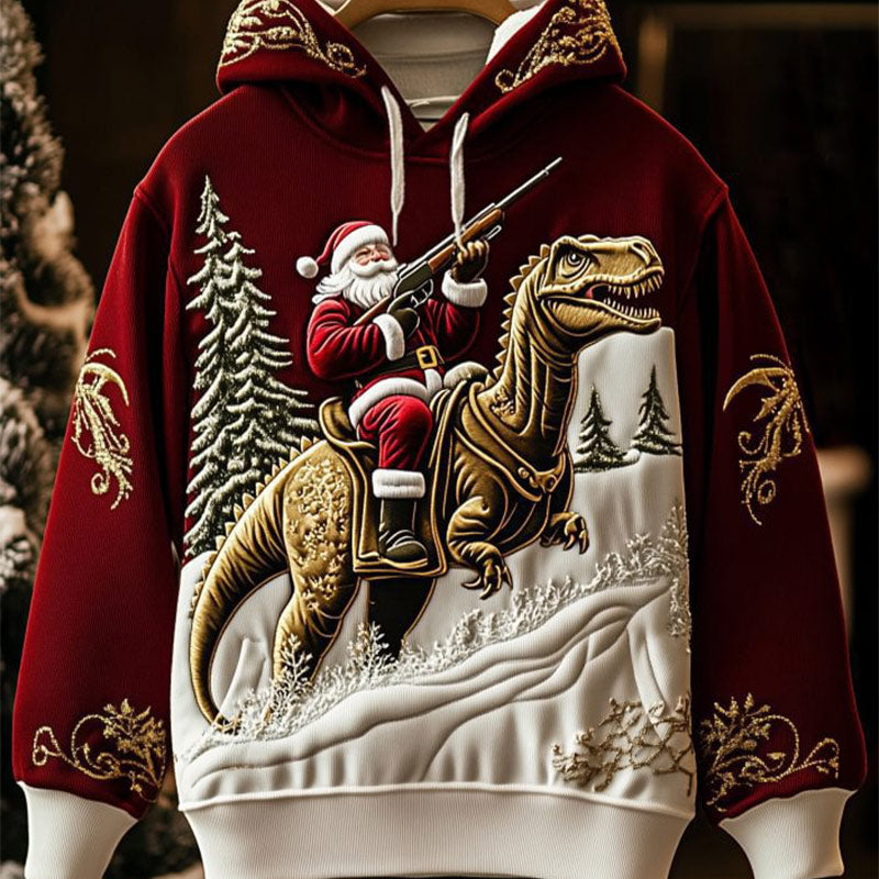 Herren Weihnachts Sweatshirt Rot Santa mit Gitarre und Flammenstickerei Lässiger Winter Feiertagspullover