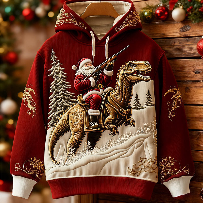 Herren Weihnachts Sweatshirt Rot Santa mit Gitarre und Flammenstickerei Lässiger Winter Feiertagspullover