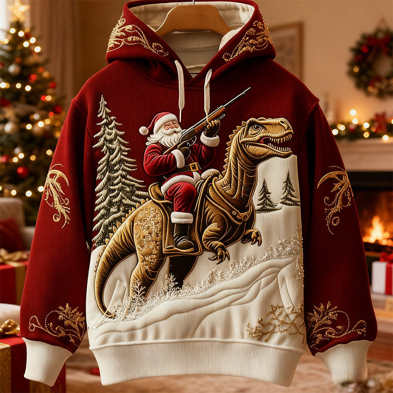 Herren Weihnachts Sweatshirt Rot Santa mit Gitarre und Flammenstickerei Lässiger Winter Feiertagspullover