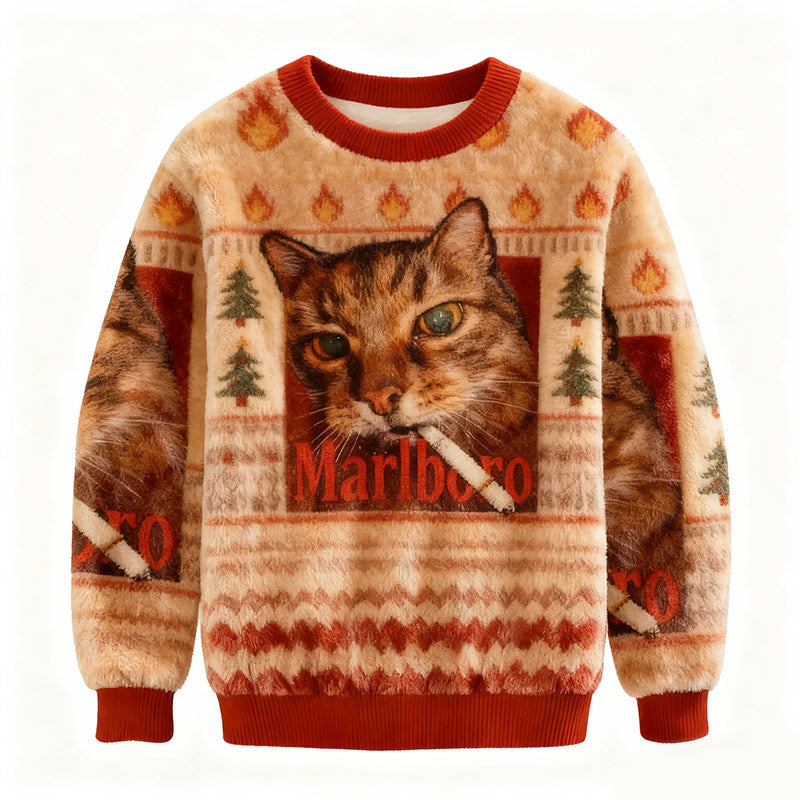 Herren Weihnachts Sweatshirt Gelbe Katze Lustiges Rauchende Katze Meme Hässlicher Weihnachts Pullover Winter Holiday Shirt