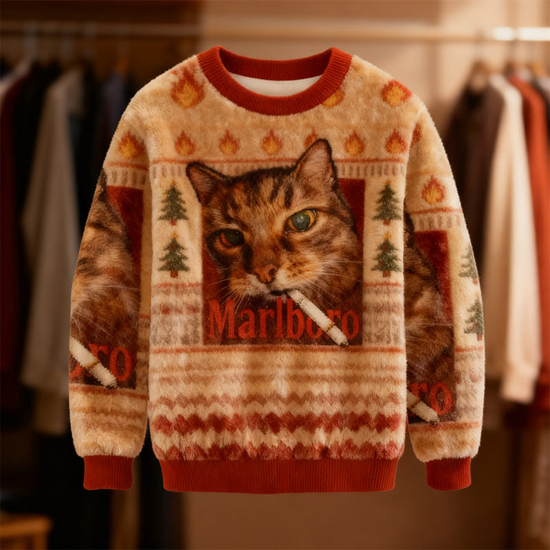 Herren Weihnachts Sweatshirt Gelbe Katze Lustiges Rauchende Katze Meme Hässlicher Weihnachts Pullover Winter Holiday Shirt