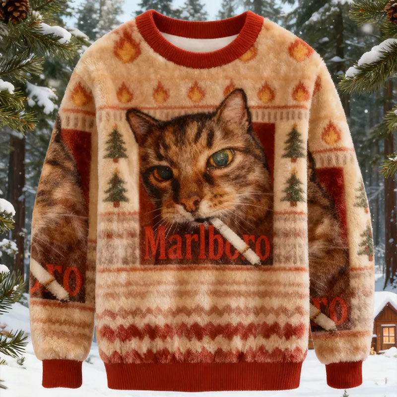 Herren Weihnachts Sweatshirt Gelbe Katze Lustiges Rauchende Katze Meme Hässlicher Weihnachts Pullover Winter Holiday Shirt