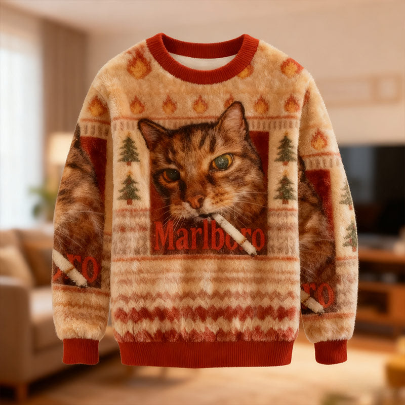 Herren Weihnachts Sweatshirt Gelbe Katze Lustiges Rauchende Katze Meme Hässlicher Weihnachts Pullover Winter Holiday Shirt