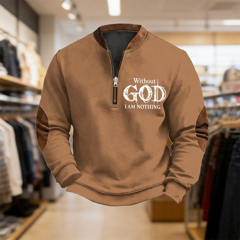 Herren Sweatshirt Braun Vintage Faith Print Ohne Gott Bin Ich Nichts Zip Collar Winter Casual Pullover