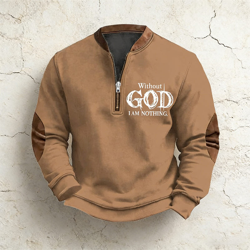 Herren Sweatshirt Braun Vintage Faith Print Ohne Gott Bin Ich Nichts Zip Collar Winter Casual Pullover