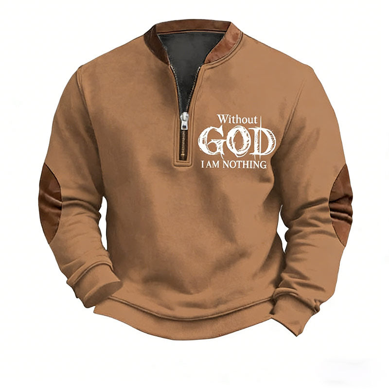 Herren Sweatshirt Braun Vintage Faith Print Ohne Gott Bin Ich Nichts Zip Collar Winter Casual Pullover