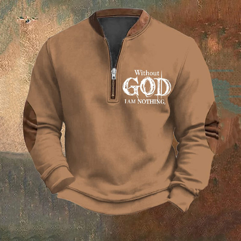 Herren Sweatshirt Braun Vintage Faith Print Ohne Gott Bin Ich Nichts Zip Collar Winter Casual Pullover