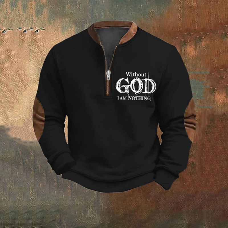 Herren Sweatshirt Schwarz Vintage Faith Print Reißverschlusskragen Pullover Winter Warm Casual Shirt